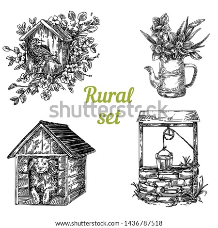 Rural set. Birdhouse, jug with narcissus, doghouse and old well. Sketch. Engraving style. Vector illustration.