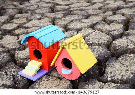 colorful bird house on cracked soil.