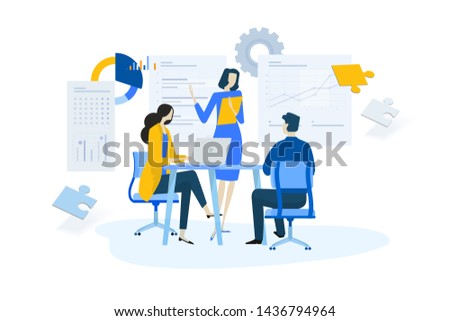Flat design concept of meeting, business presentation, training, annual report. Vector illustration for website banner, marketing material, business presentation, online advertising. Royalty-Free Stock Photo #1436794964