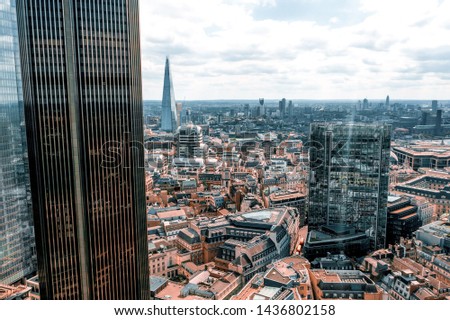 Beautiful panoramic view of the London city district, UK. High glass skyscrapers in London.