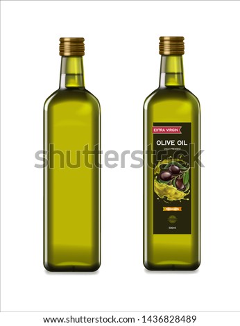 Olive oil glass bottles with olive oil splash. Vector realistic template design. Royalty-Free Stock Photo #1436828489