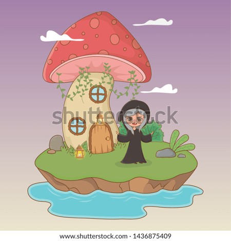 fairytale landscape scene with witch