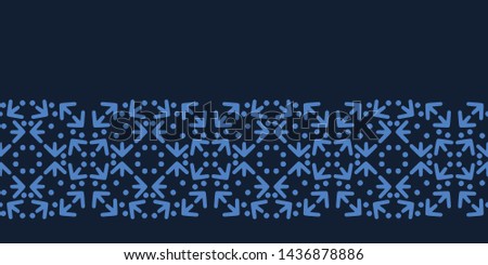 Indigo blue geometric ornamental arrow border pattern. Retro direction textiles.   Vector seamless 