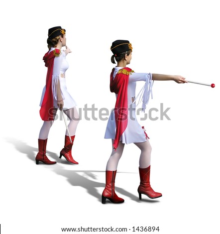 Two Young Majorettes, cheerleaders, with beautiful white dresses, red boots and scarfs