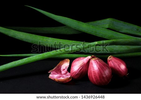 Red onions isolated on dark background.