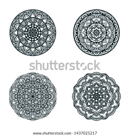 Black and white mandala illustration set. Rounded mandala art pattern background