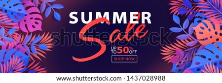 Summer Sale banner with tropical leaf, plants and palm leaves on dark background. Coral, rose blue and violet color tropical foliage. Vibrant gradient colors. Horizontal poster, header for website
