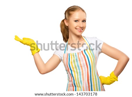 happy young housewife in glove with white empty billboard isolated on white background