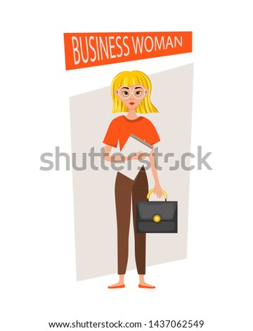 Businesswoman working character design set. The girl holds a briefcase and a folder. Vector illustration
