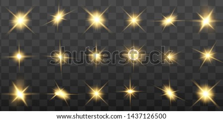 Glow isolated yellow light effect set, lens flare, explosion, glitter, line, sun flash and stars. Abstract special effect element design. Shine ray with lightning. Set of gold bright beautiful stars