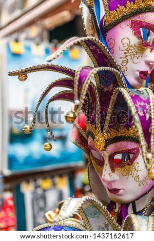 Carnival masks souvenirs close-up in Venice, Italy.