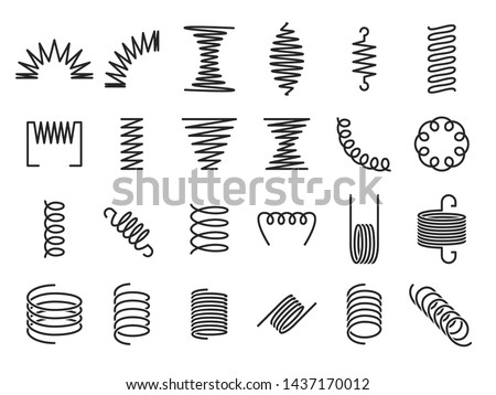 Spring coils. Metal spiral springs, metallic coil and linear spirals silhouette. Vape or machine steel coil, twisted spiral flexibility spring part. Isolated vector icon set Royalty-Free Stock Photo #1437170012