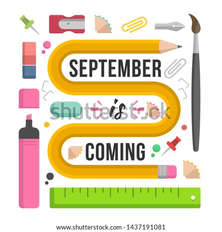 Simple vector illustration of school stationary objects such as pen, ruler and marker, made as graphic lettering picture. Modern flat design art print, good for kids and student, suitable for posters