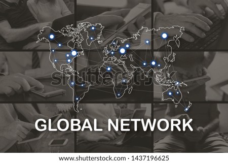 Global network concept illustrated by pictures on background