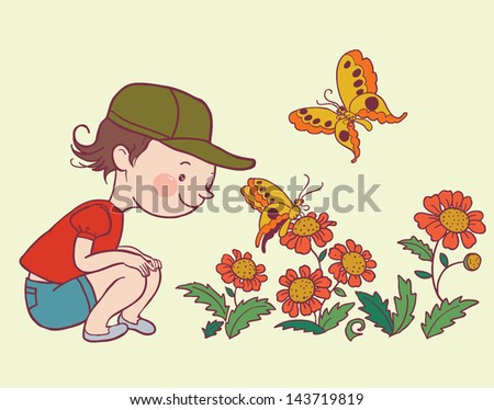 Illustration of a little girl watching a butterfly and flowers. Isolated objects and elements. Outline. Vector.