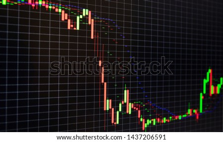 Financial stock market graph and bar chart price display on dark background.