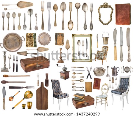 Set of beautiful antique items, picture frames, furniture, silverware. Retro. Vintage. Isolated on white background.
