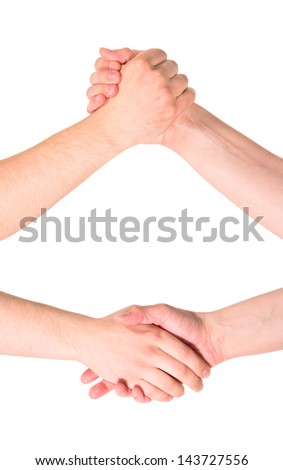 Competition and compromise hand composition of caucasian hand gesture isolated over white background