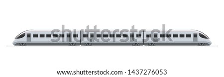 Modern electric high-speed train. Railroad travel and railway tourism. Subway or metro streamlined fast train transport. Vector illustration isolated on white background Royalty-Free Stock Photo #1437276053