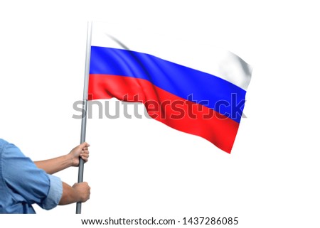 Young man holding Russia Flag in White Background