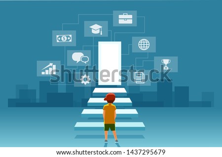 Vector of a child, a boy looking at the stairs leading to the door of modern digital world. Concept of self realization, education and career success Royalty-Free Stock Photo #1437295679