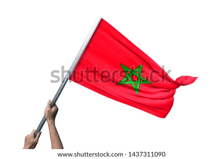 Young man holding Morocco Flag in White Background, Flag of Morocco.