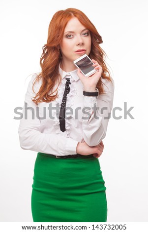 beautiful red haired woman holding white smartphone