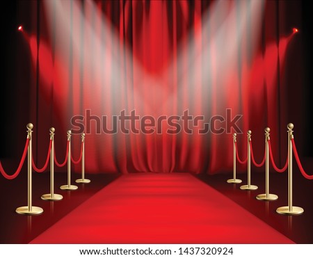 Awards show red background with carpet path golden barrier with rope on both sides and closed curtain realistic vector illustration