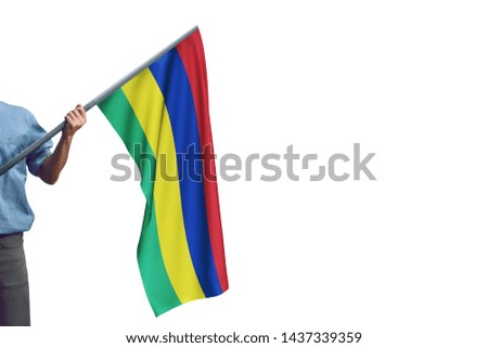 Young man holding Mauritius Flag in White Background, Flag of Mauritius.