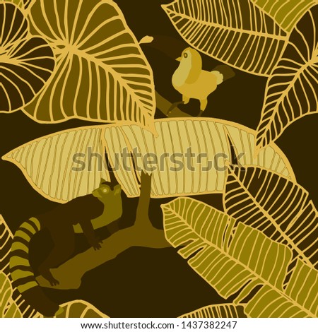 Hand drawn seamless pattern with tropical leaves: palms, monstera, passion fruit. Beautiful allover print with hand drawn exotic plants and animals. Swimwear botanical design. Vector for any purposes