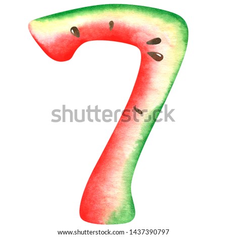 Watercolor hand painted watermelon numbers isolated on white background.
