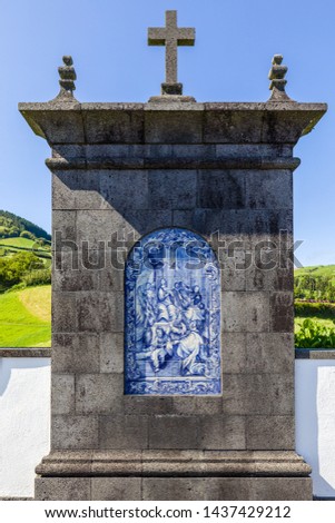 Our Lady of Peace Chapel over Vila Franca do Campo, Sao Miguel island, Azores archipelago, Portugal