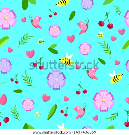 Seamless pattern and background with  butterflys, bees and flowers for prints. Vector illustration.