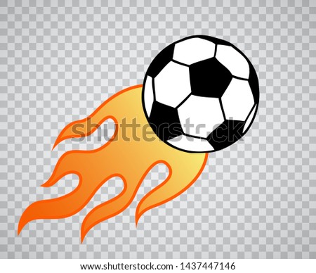 Flying burning soccer, football ball with flame illustration over transparent background. Sport game equipment on fire.