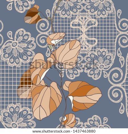 Decorative branch  with delicate openwork. Lace and leaves seamless pattern on gray background.