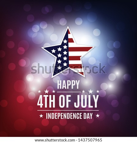 Happy 4th of July, USA Independence day. Patriotic template for greeting card, flyer, party poster, banner. American themed star with message on top of colorful background of light effects.