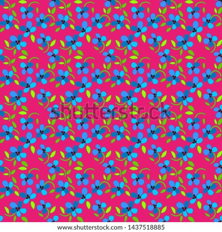 Cute bright flowers seamless vector pattern. Bright blue flowers and green leaves on the pink background.