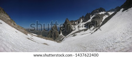 360 degrees panoramic scenery over Saleinaz Glacier above Val Ferret surrounded by craggy peaks on a sunny Summer day