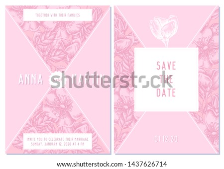 Wedding invitation card with pink dog rose