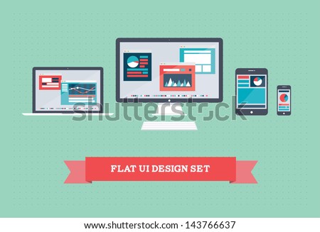 Vector illustration of user interface on digital tablet and on mobile devices with flat simplistic inforgraphic charts and web design on a screen. Isolated on green background. Royalty-Free Stock Photo #143766637