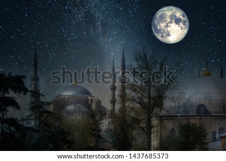 Night in Istanbul. Blue mosque under a starry sky with a full moon and moon reflections on the roofs of buildings. Sultan Ahmed Mosque. Elements of this image furnished by NASA.