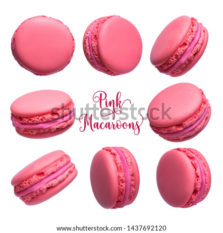 Set of pink french macarons cakes isolated on white background Royalty-Free Stock Photo #1437692120