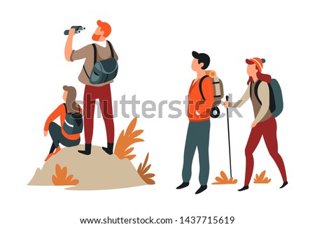 Couples hiking man and woman active lifestyle vector walking or trekking binocular and backpack stick mountains or hills camping or backpacking boyfriend girlfriend outdoor activity direction travelin
