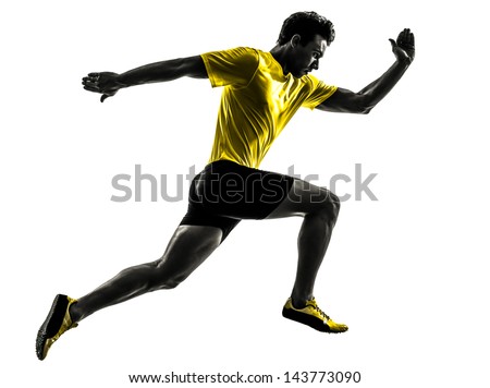 one caucasian man young sprinter runner running  in silhouette studio  on white background Royalty-Free Stock Photo #143773090