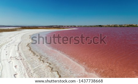 The red-colored salt lagoon of the Spanish city of Torrevieja. The white salt looks like snow. There are footprints to see.
