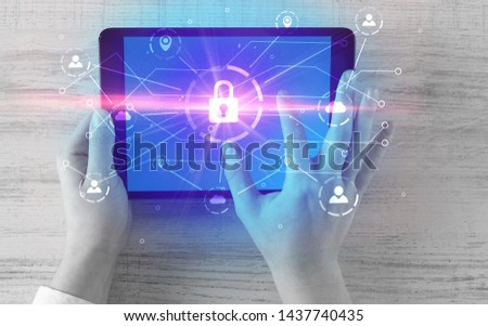 Hand touching online network security  button and cloud, connection and contact concept