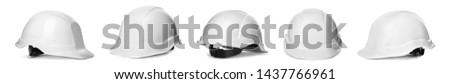 Set of protective hardhats on white background. Banner design Royalty-Free Stock Photo #1437766961