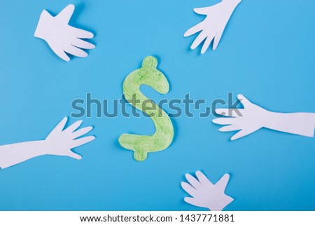 many hands extended to money. cartoon styled