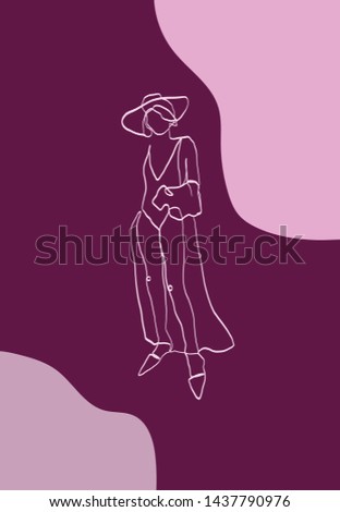 One line woman in hat drawing on pink abstract background. Silhouette female in minimalistic graphic style. Beauty glamour concept. 