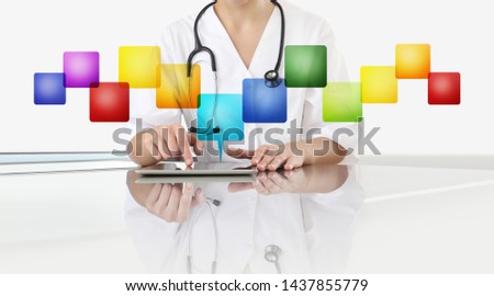 hands of doctor woman touch digital tablet at office desk with empty icons, copy space isolated on white background
